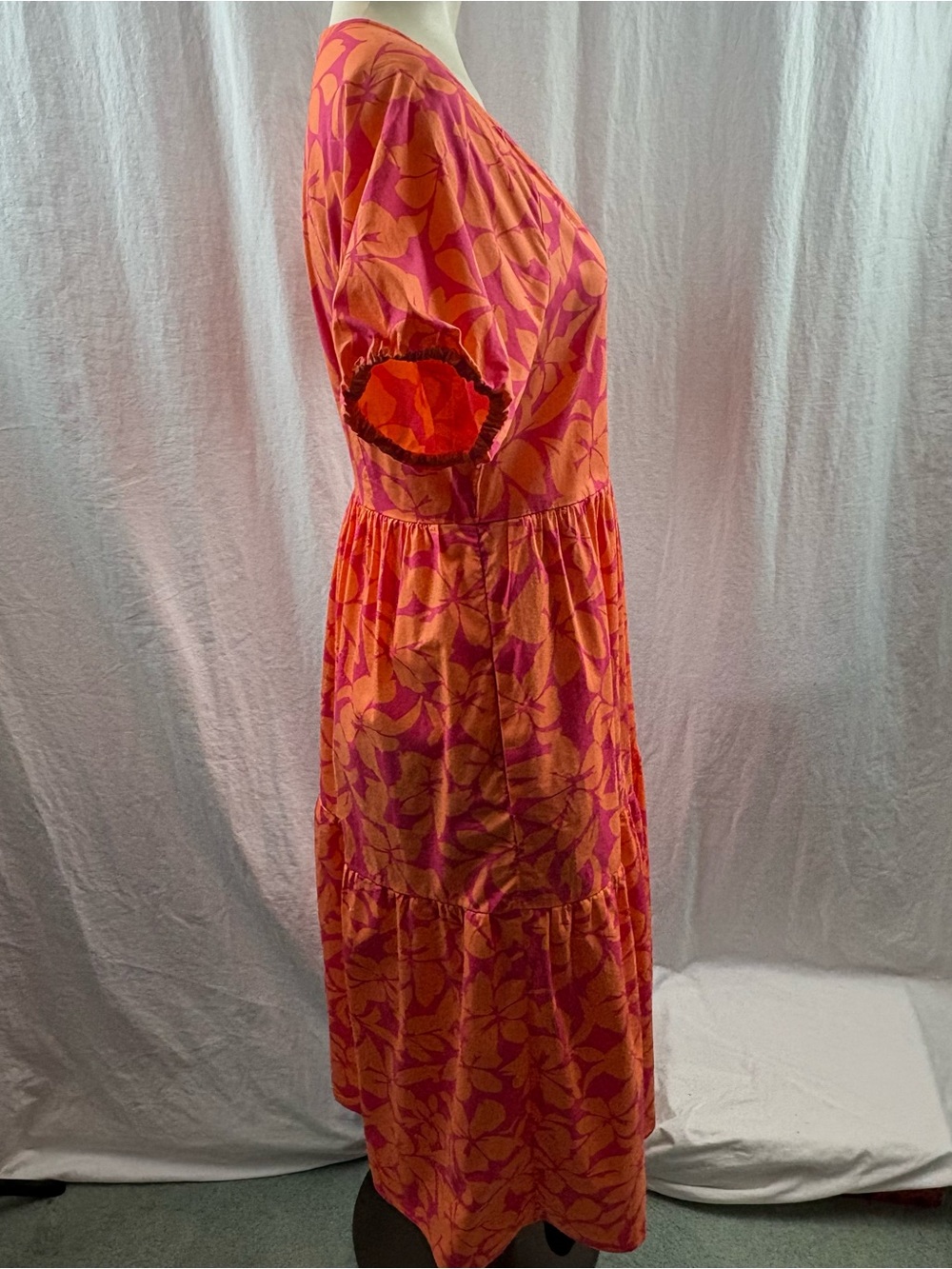 J. Crew Boho Floral Tiered Midi Dress Orange Pink Puff Sleeve 6 - Picture 5 of 10